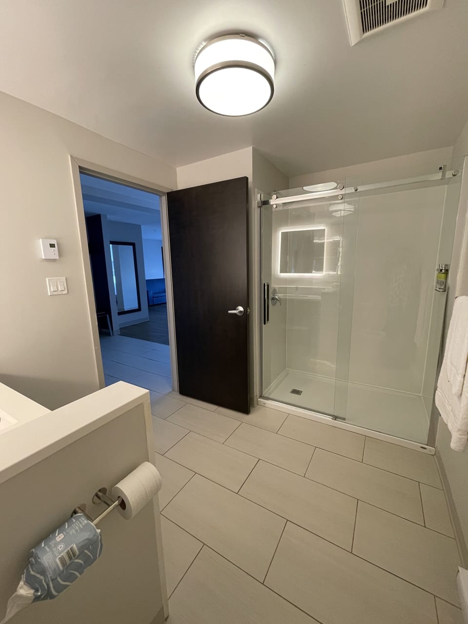 Shower, free toiletries, hair dryer, towels