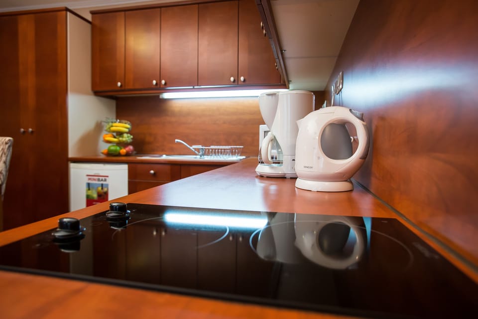 Fridge, microwave, coffee/tea maker, electric kettle
