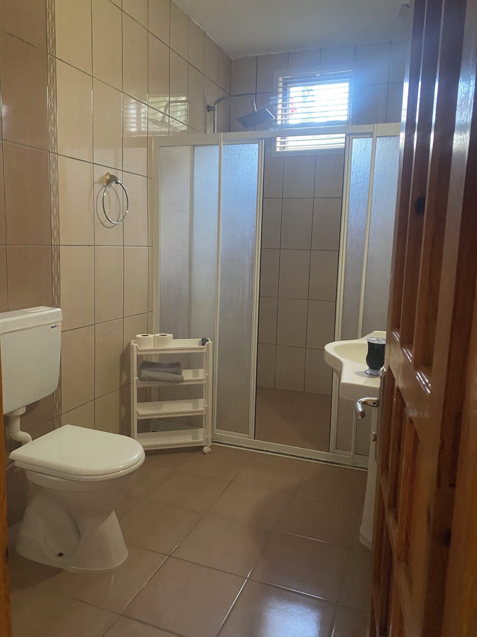 Shower, rainfall showerhead, hair dryer, slippers