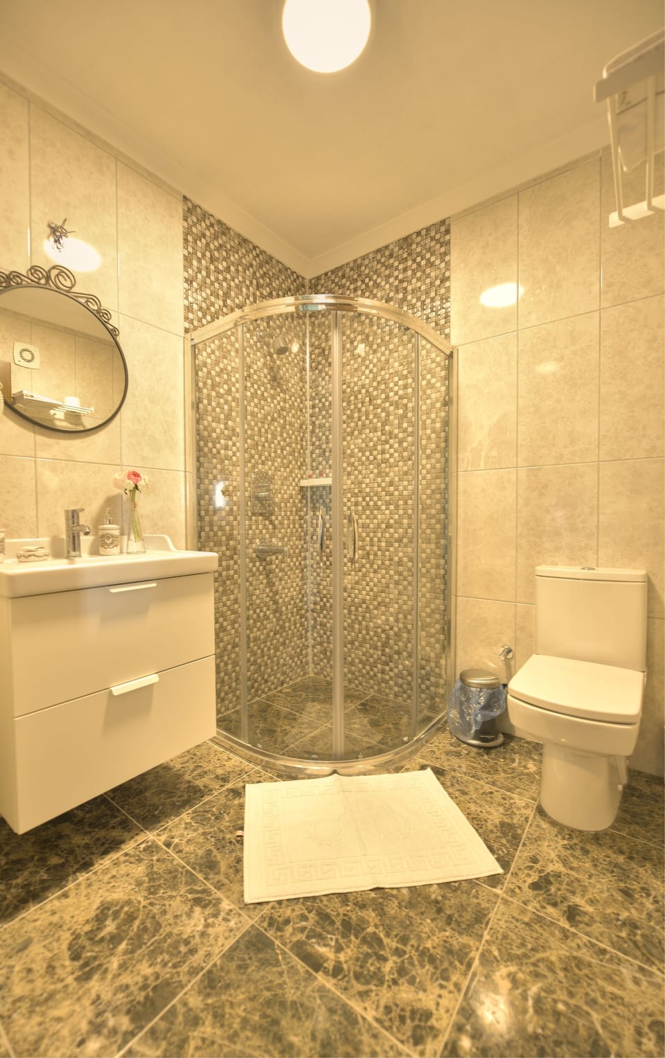 Shower, free toiletries, hair dryer, slippers