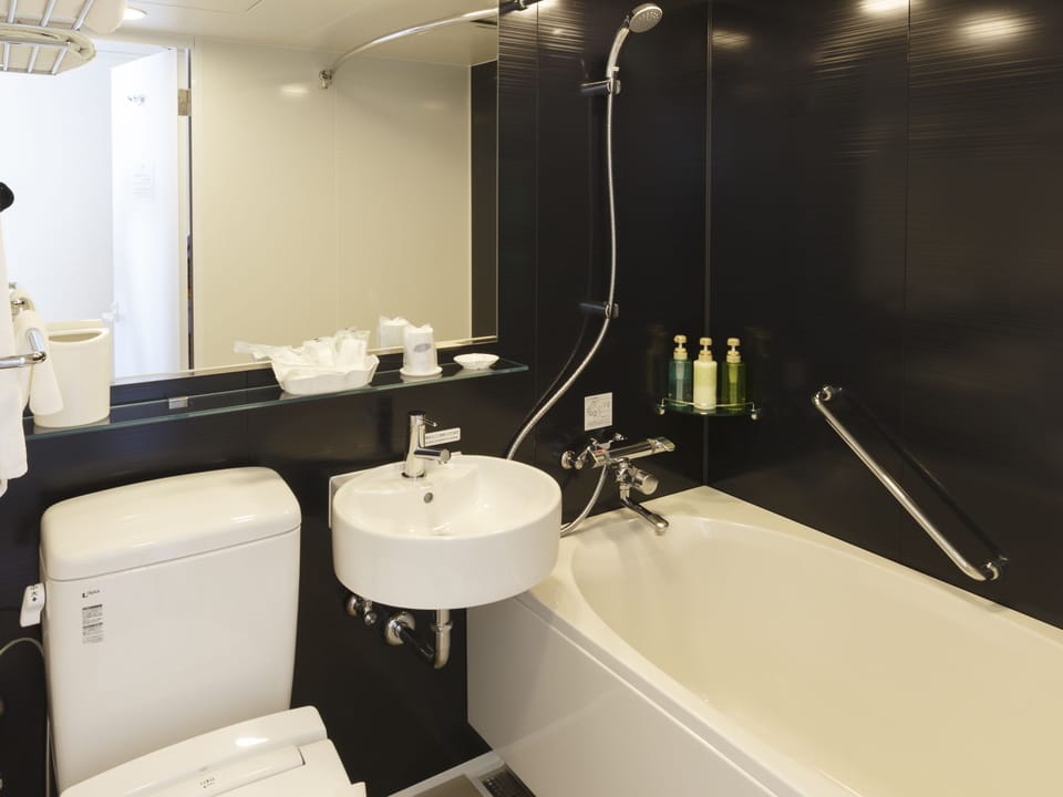 Combined shower/tub, free toiletries, hair dryer, slippers