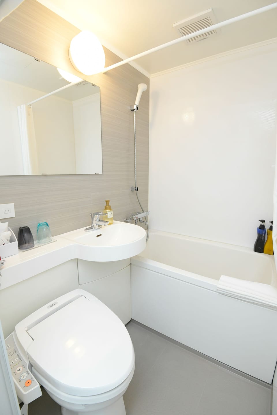 Combined shower/tub, eco-friendly toiletries, hair dryer, bathrobes