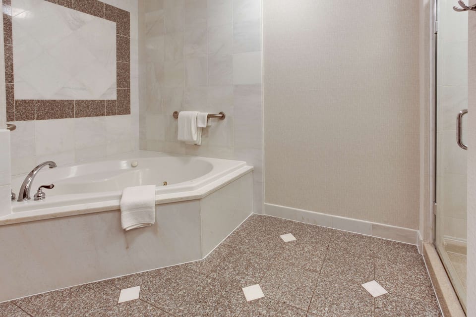 Combined shower/tub, free toiletries, hair dryer, towels
