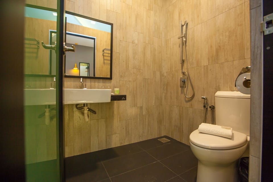 Shower, free toiletries, bidet, towels