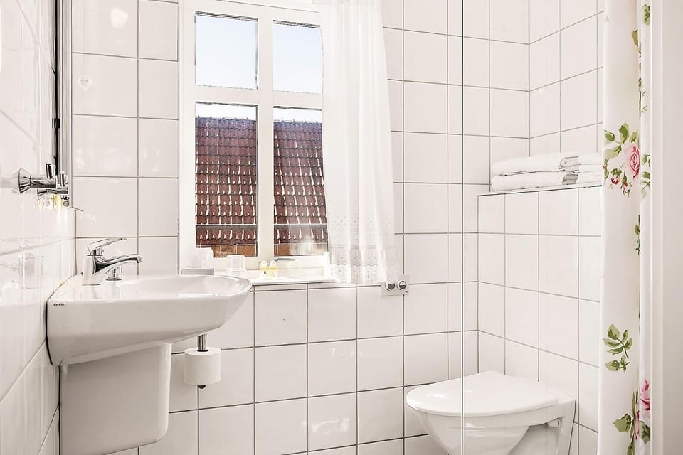 Shower, free toiletries, hair dryer, towels