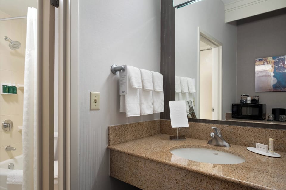 Combined shower/tub, free toiletries, hair dryer, towels