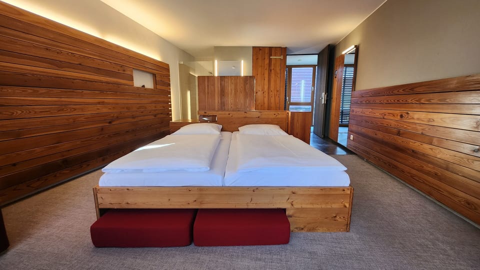 Hypo-allergenic bedding, desk, laptop workspace, blackout drapes