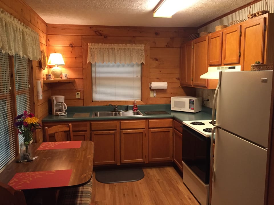 Cabin #1 | Private kitchen | Fridge, microwave, oven, stovetop
