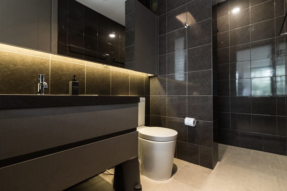 Shower, rainfall showerhead, free toiletries, hair dryer