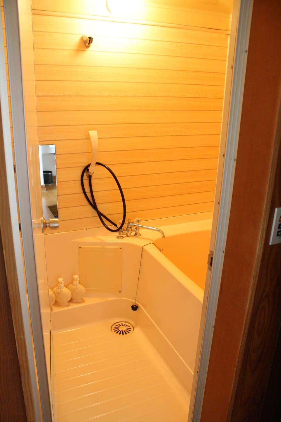 Combined shower/tub, free toiletries, hair dryer, slippers
