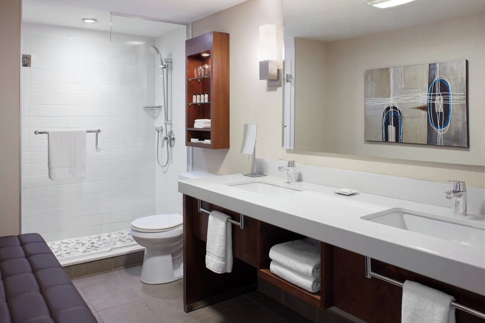 Shower, hydromassage showerhead, free toiletries, hair dryer