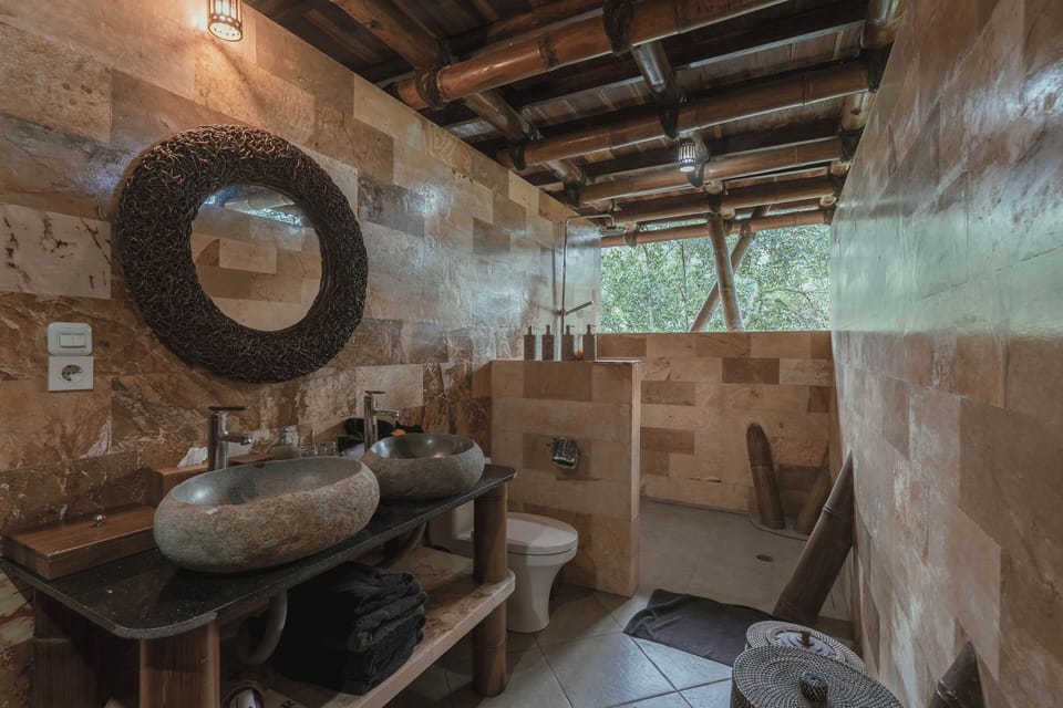 Harmony Treehouse with Mountain View | Bathroom | Shower, rainfall showerhead, designer toiletries, hair dryer