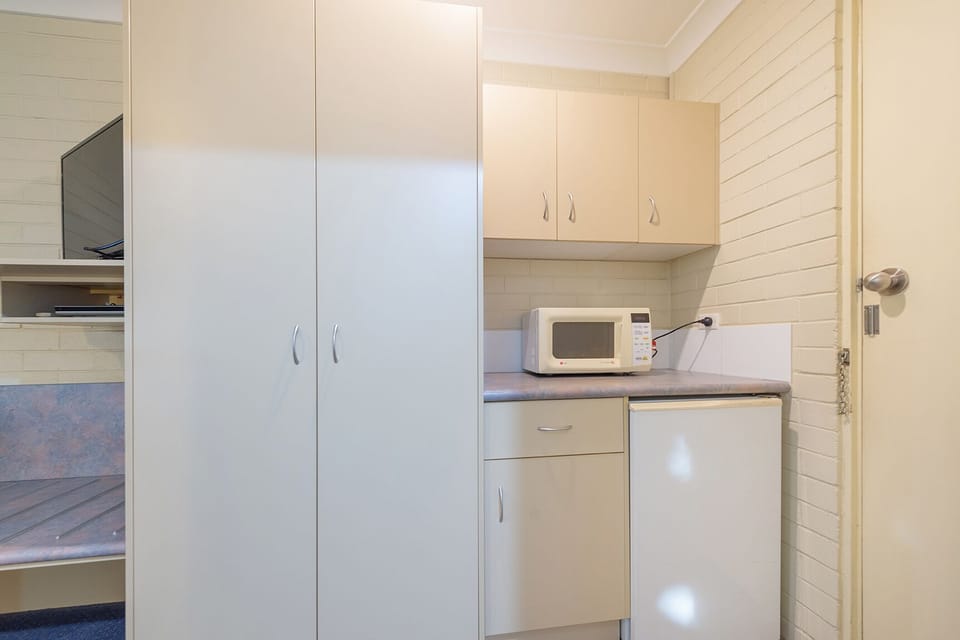Fridge, microwave, electric kettle, toaster