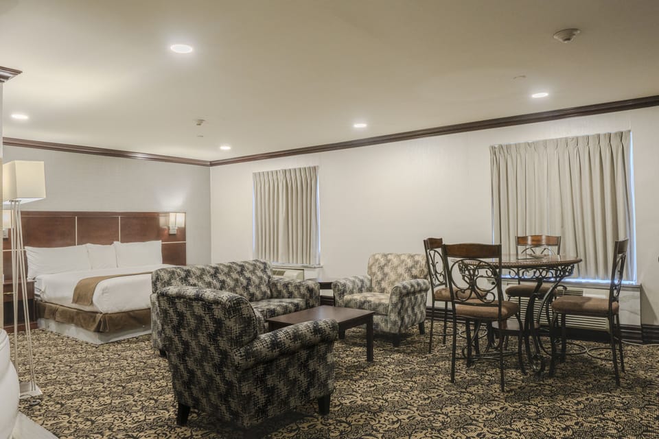 Premium Suite, 1 King Bed, Jetted Tub | Living area | 32-inch plasma TV with satellite channels, TV, first-run movies
