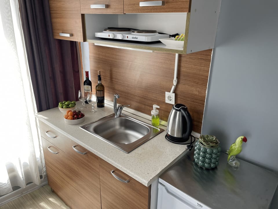 Deluxe Studio | Private kitchen | Fridge, stovetop, cookware/dishes/utensils