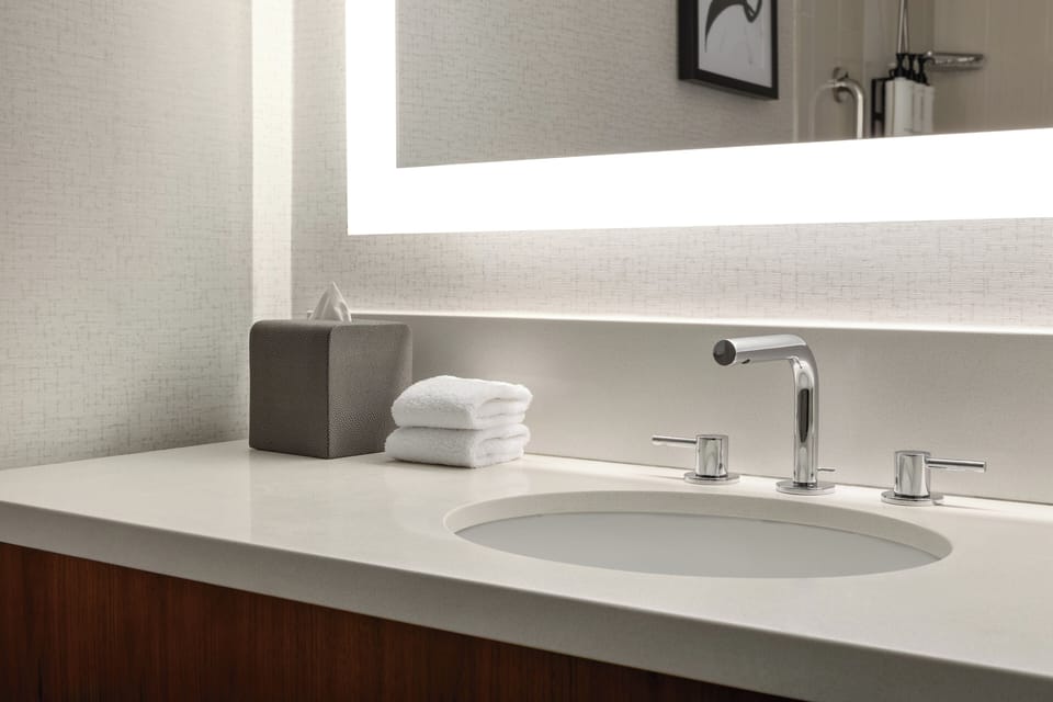 Combined shower/tub, hair dryer, towels