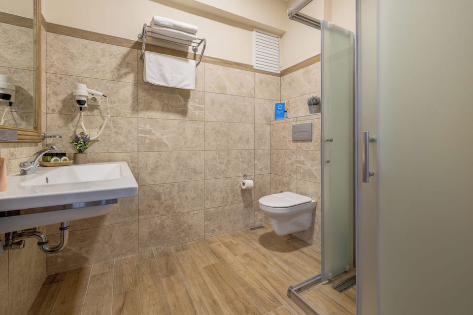 Shower, free toiletries, hair dryer, slippers
