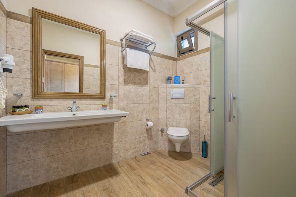 Shower, free toiletries, hair dryer, slippers