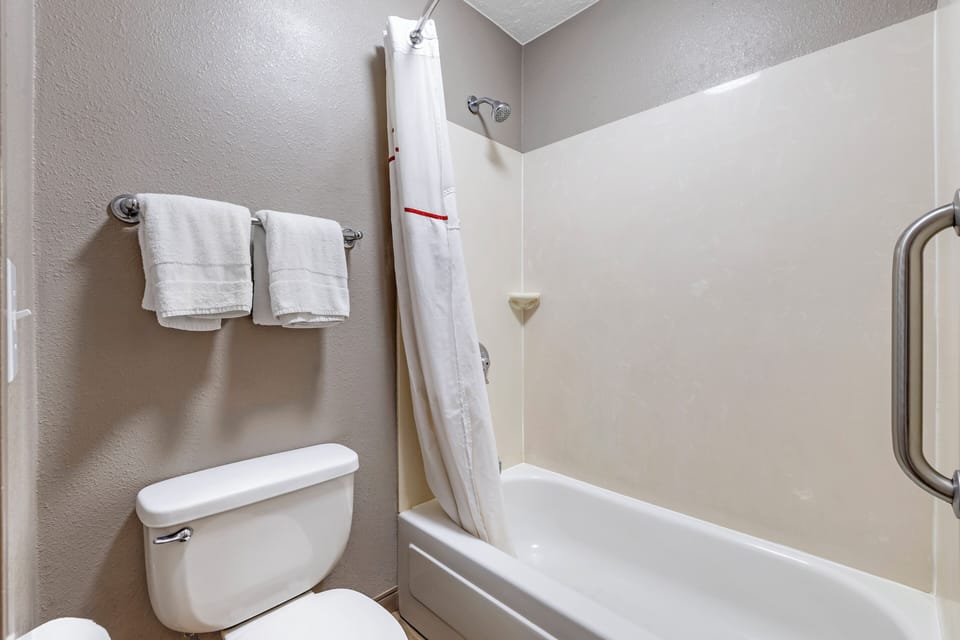 Combined shower/tub, free toiletries, hair dryer, towels