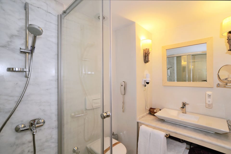 Shower, free toiletries, hair dryer, towels