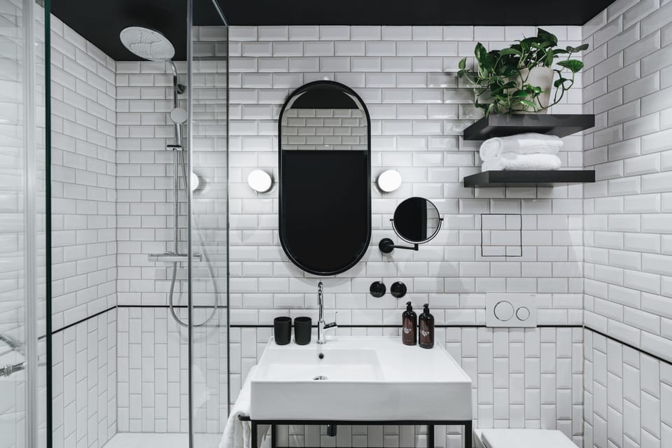 Rainfall showerhead, hair dryer, towels, soap