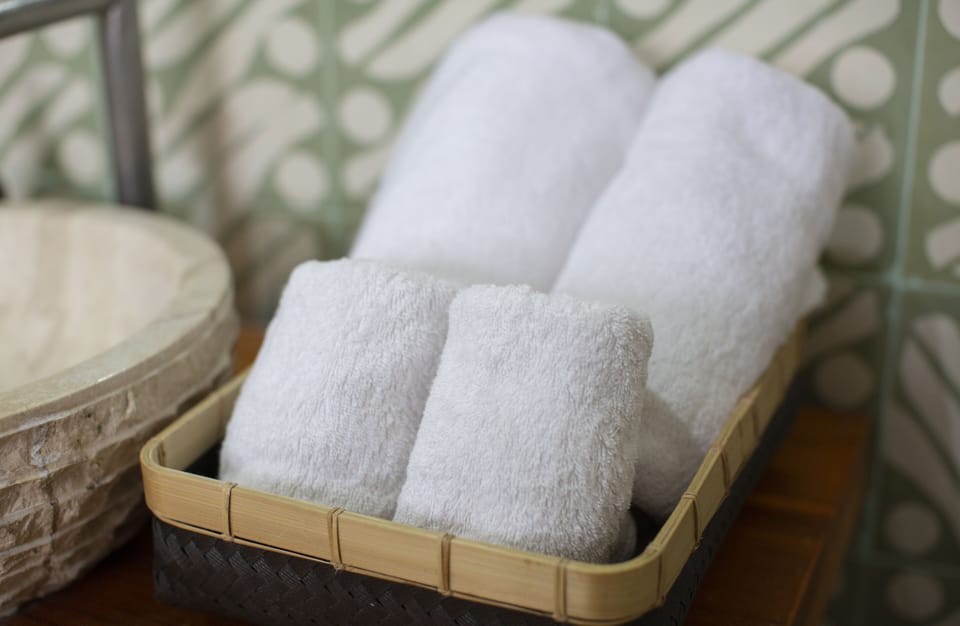 Shower, free toiletries, towels