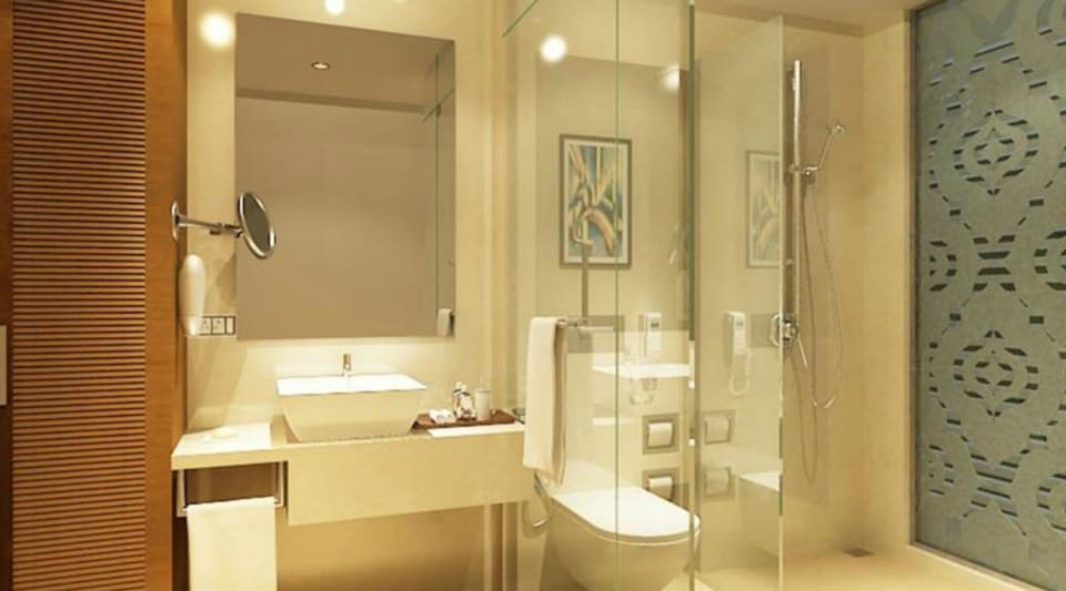 Shower, free toiletries, hair dryer, towels