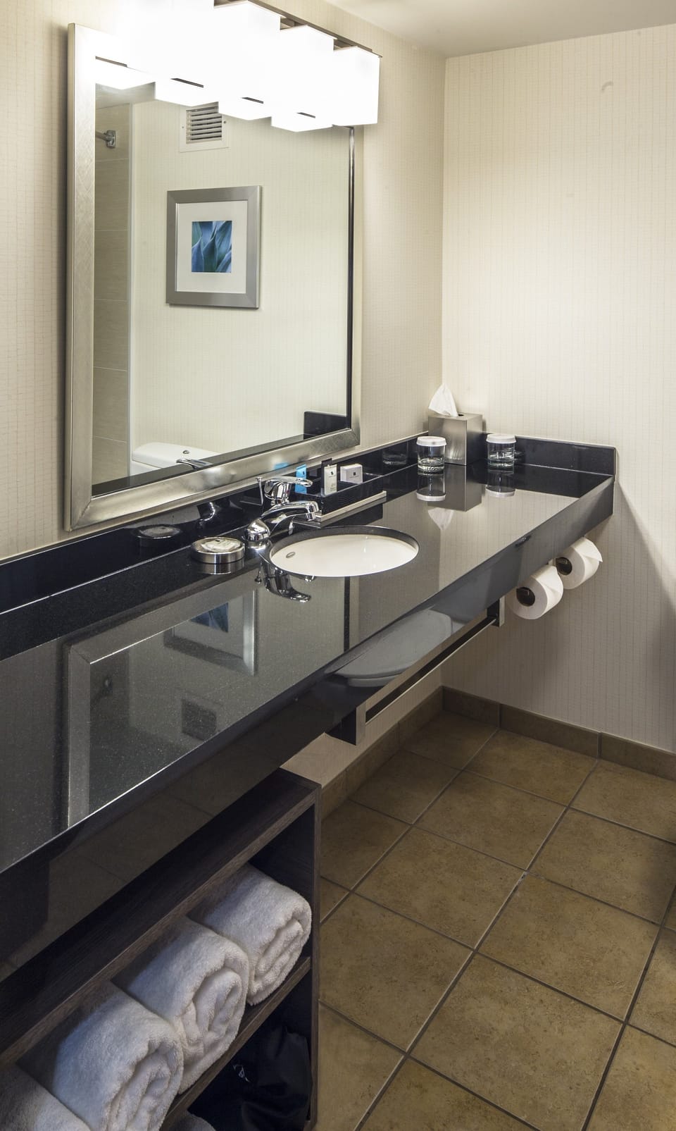 Combined shower/tub, free toiletries, hair dryer, towels