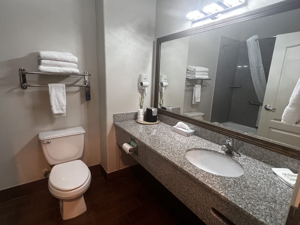 Combined shower/tub, free toiletries, hair dryer, towels