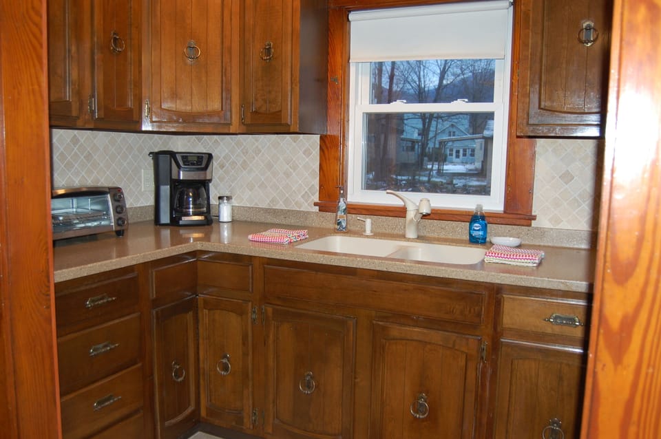 Kitchen sink, view of back yard