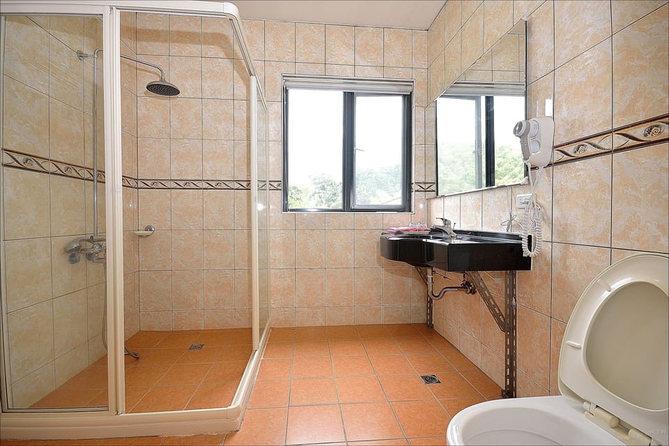 Shower, rainfall showerhead, hair dryer, slippers