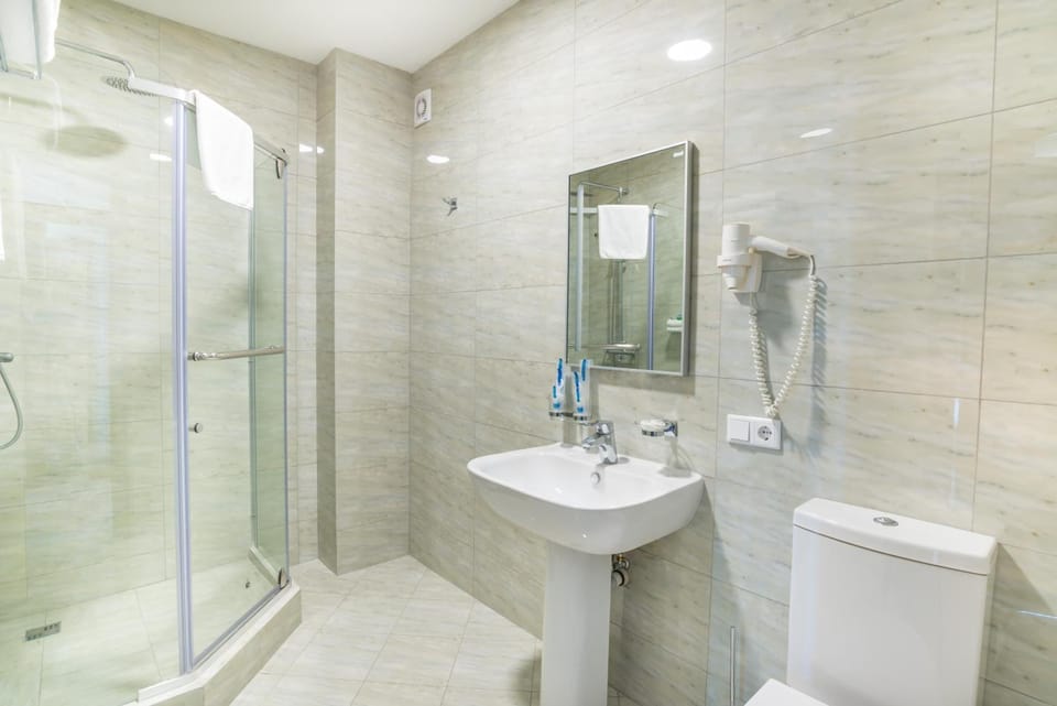 Shower, free toiletries, hair dryer, bathrobes