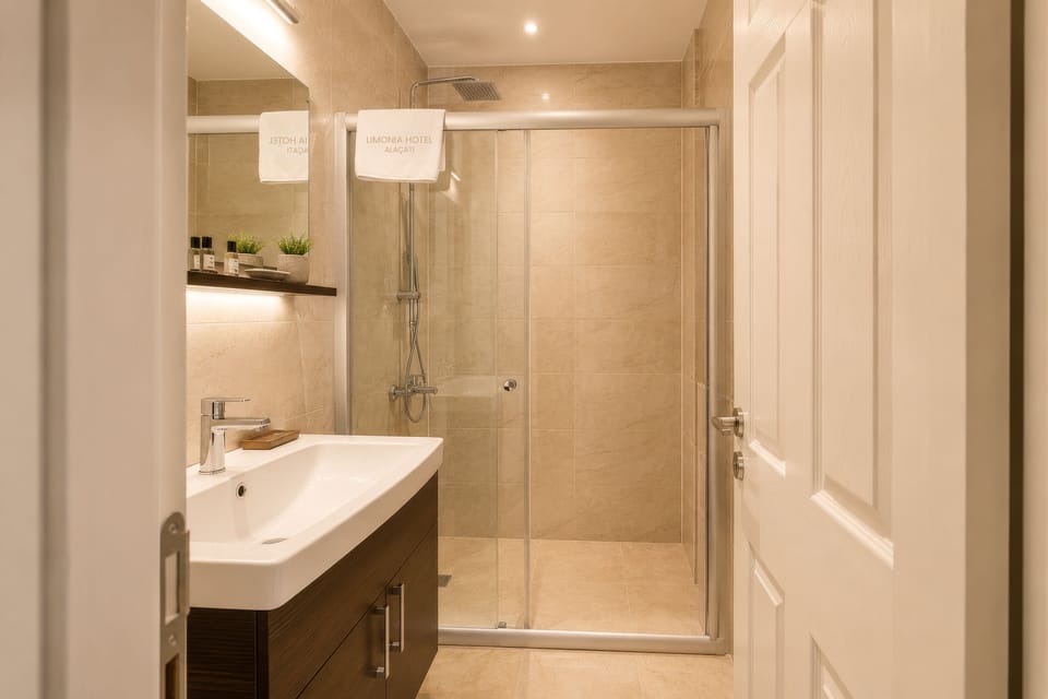 Shower, free toiletries, hair dryer, slippers