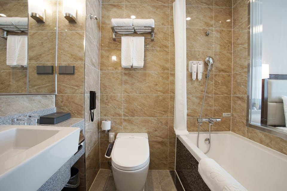 Combined shower/tub, hair dryer, bathrobes, slippers