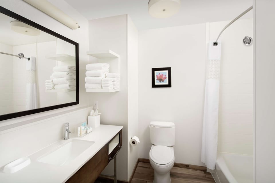 Combined shower/tub, hydromassage showerhead, free toiletries, towels