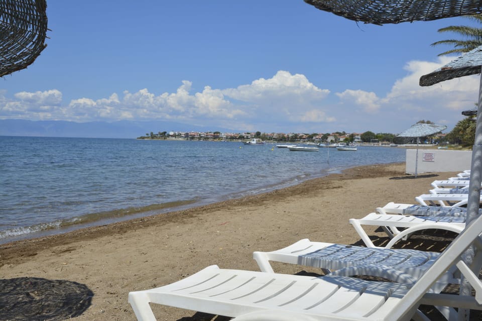 On the beach, sun loungers, beach umbrellas