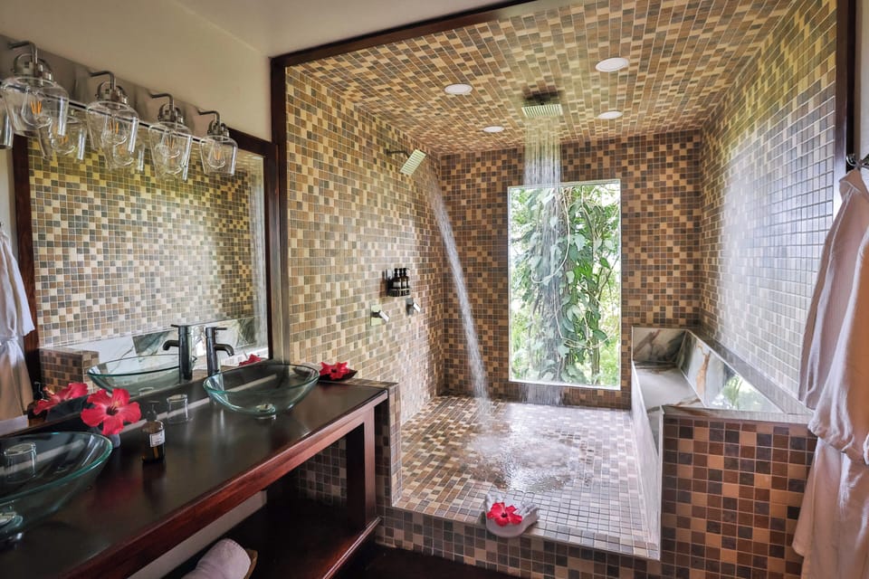 Shower, rainfall showerhead, designer toiletries