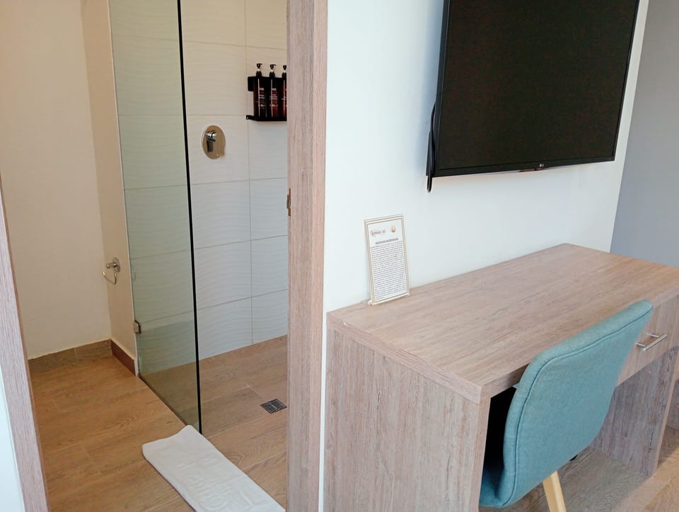 Shower, rainfall showerhead, free toiletries, hair dryer