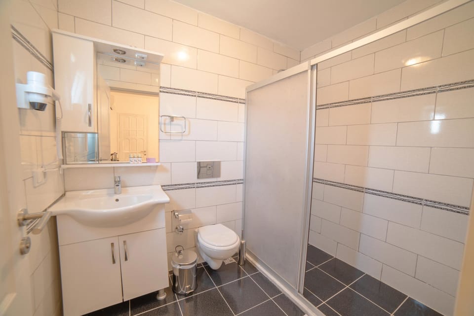 Shower, free toiletries, hair dryer, slippers