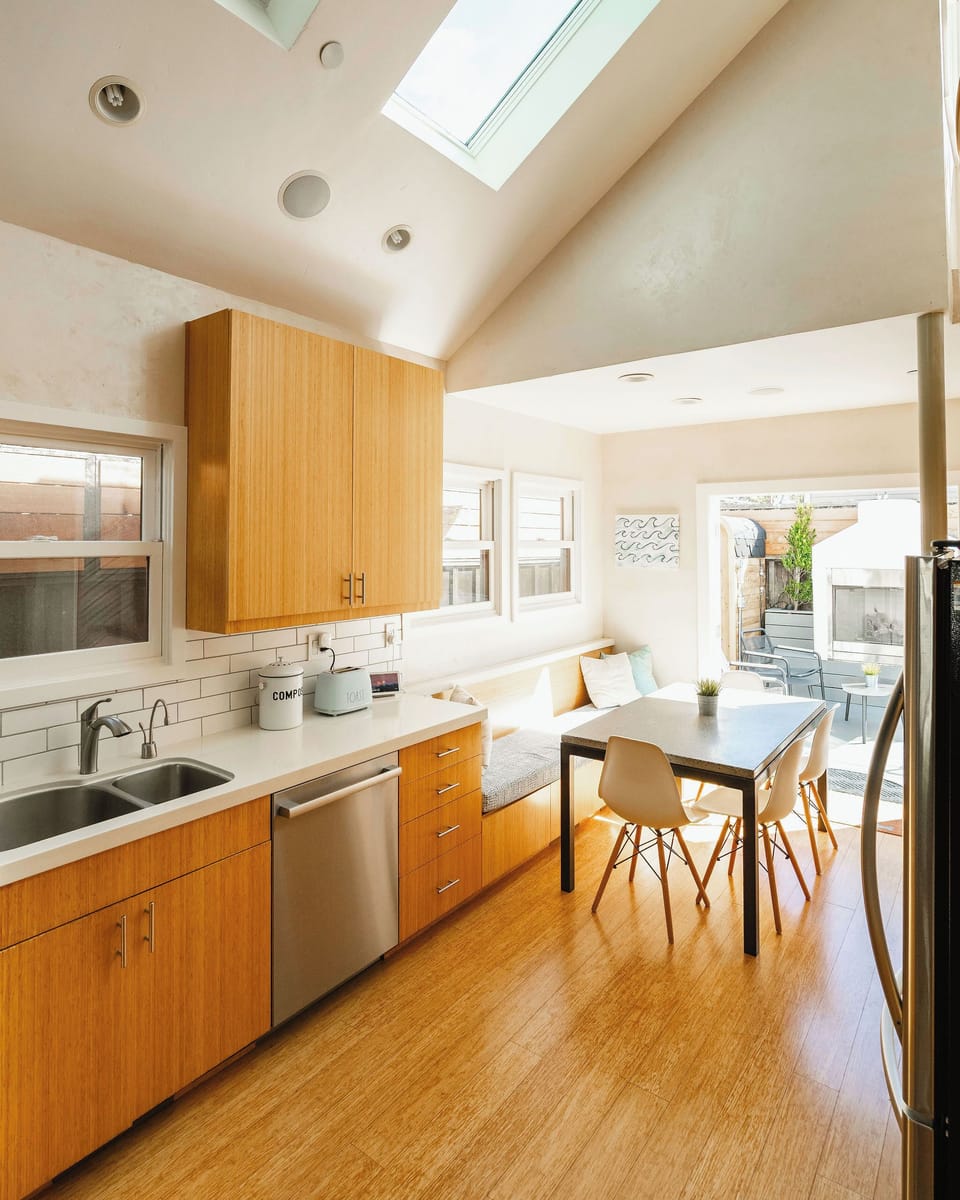 Open kitchen with dining area 