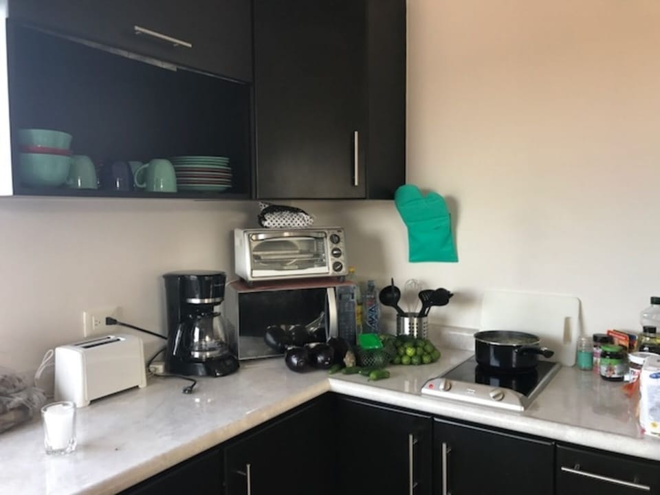 Kitchen w/ toaster, toaster oven, coffee maker, oven plate, microwave, fridge.
