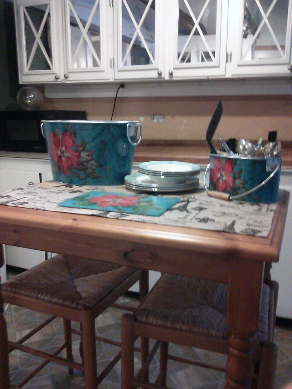 Center island provides a work station and stools for Helpers.