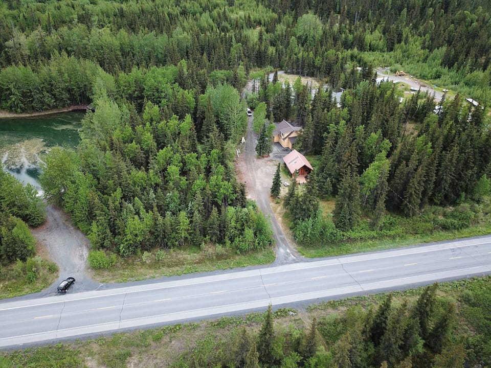 Aerial view of the property, showing proximity to the Seward Highway.
