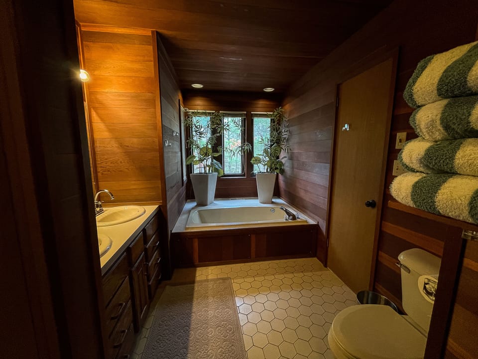 Spa tub bathroom with double vanity and standing shower