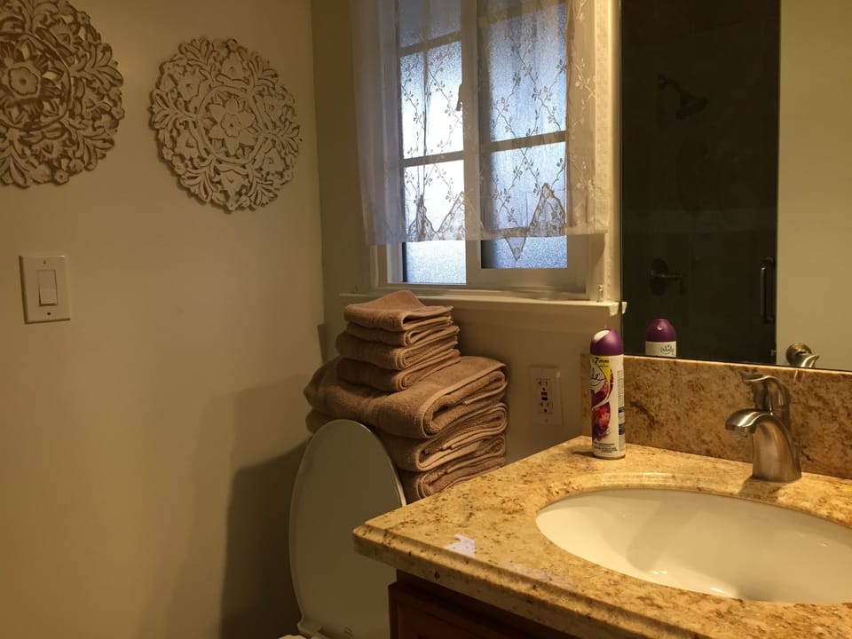 Bathroom attached master suite. Hair dryer at cabinet