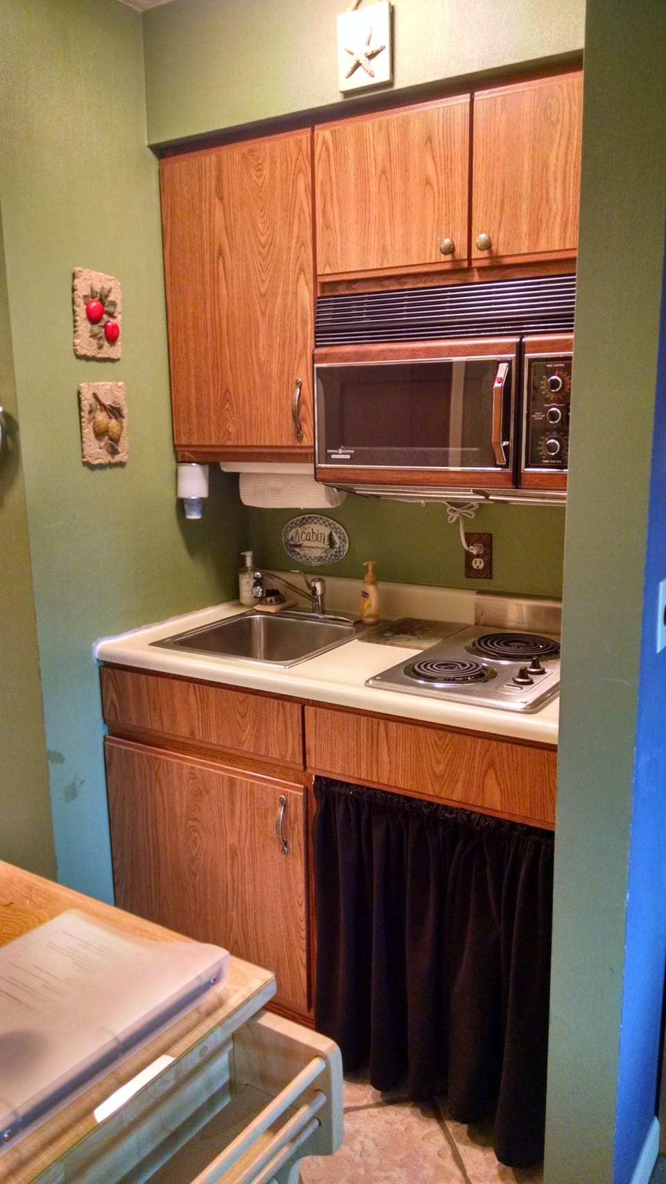 Kitchen sink and stove top with microwave above.