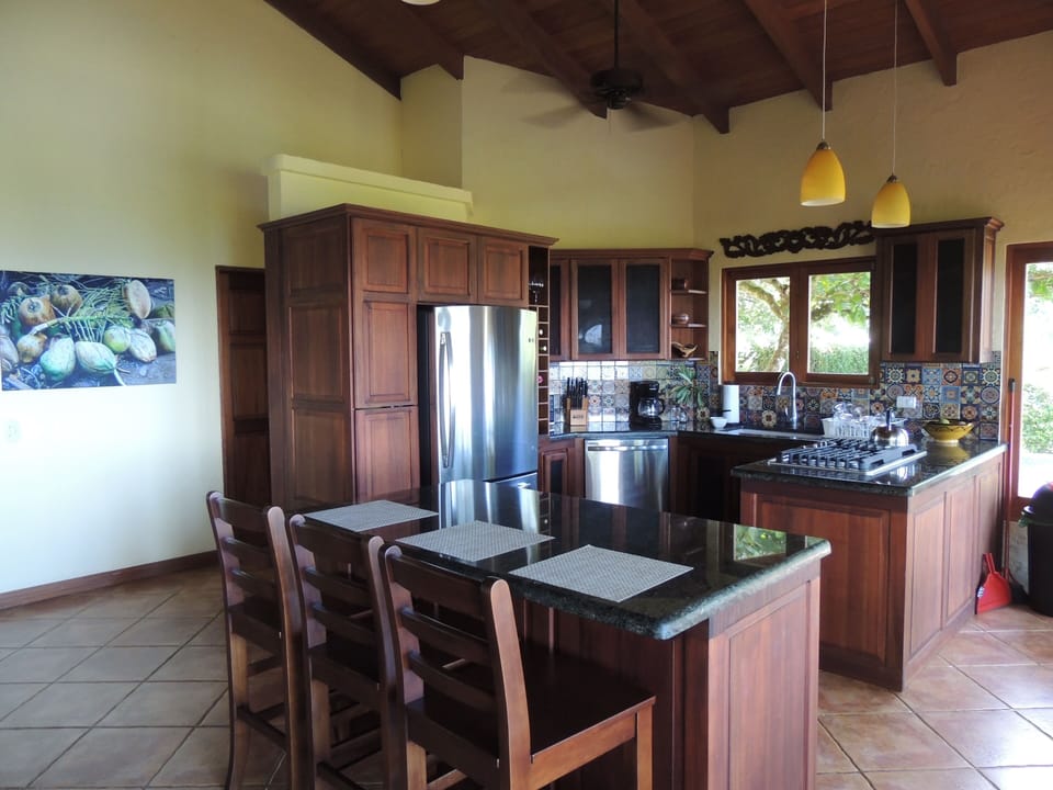Gourmet remodeled kitchen. Stovetop looks out over the ocean. 