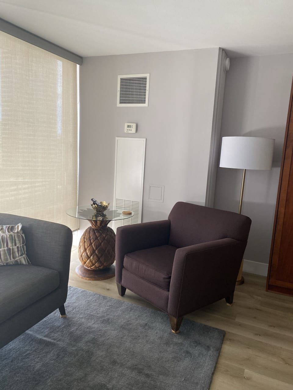Comfortable living area with Crate and Barrel furniture and lighting 