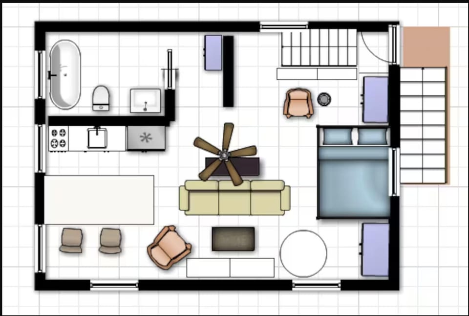 The  bed has been rotated into living area for easier access.