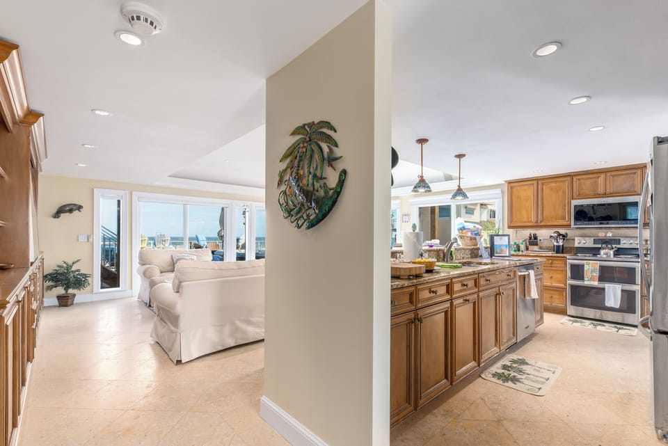 Oceanfront living room & kitchen, as viewed from the Entrance (main level)